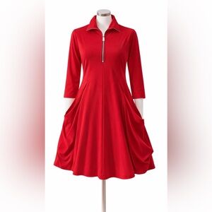 Last Tango Red Mini Dress with Zip Collar & Draped Pockets